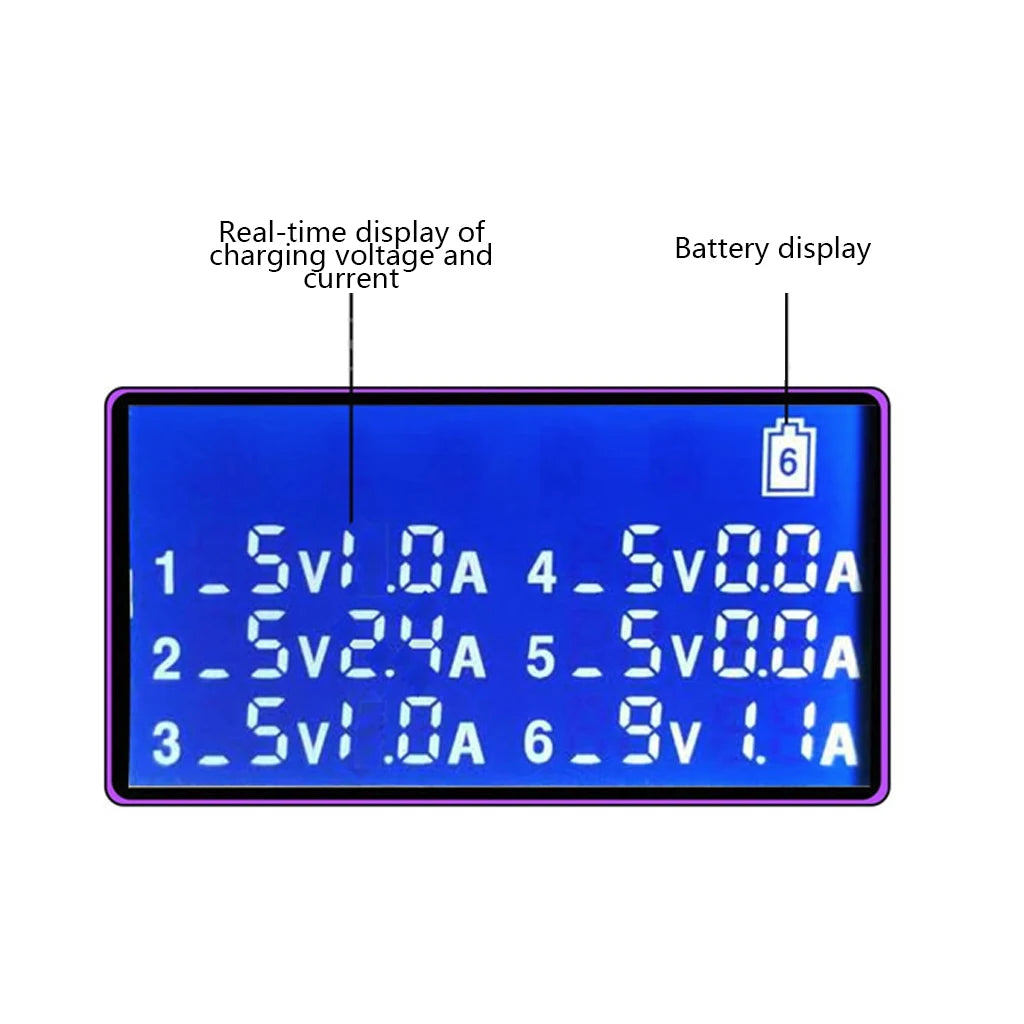 Cargador Escritorio USB 8A QC 3.0 (6 Puertos) con Pantalla LCD Carga Rápida Inteligente para Móvil/Tablet