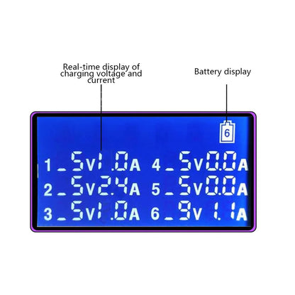 Cargador Escritorio USB 8A QC 3.0 (6 Puertos) con Pantalla LCD Carga Rápida Inteligente para Móvil/Tablet