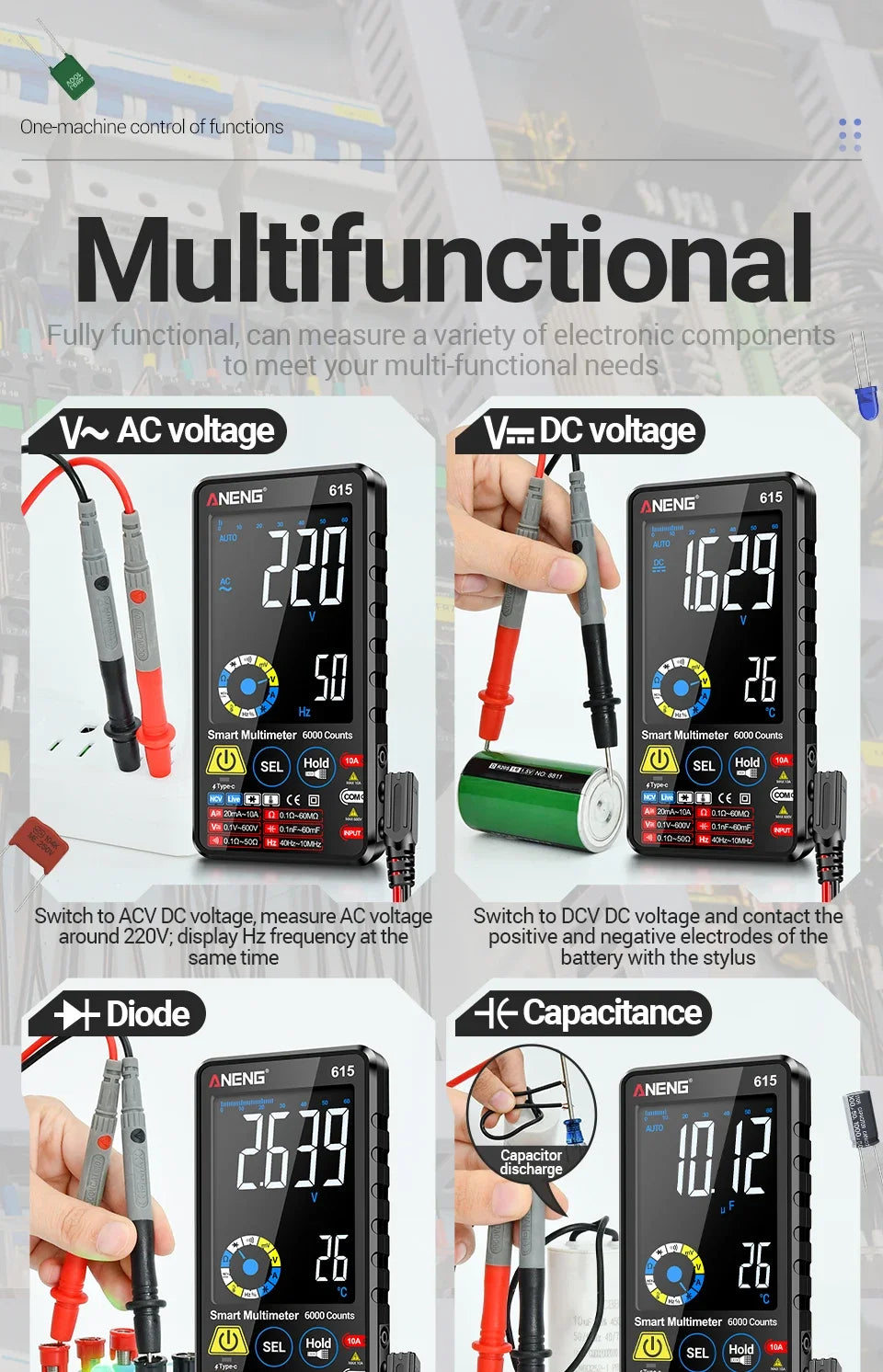 Multímetro Digital Inteligente ANENG AN-615 - Táctil Recargable (6000 Cuentas) Tester Voltaje/Corriente AC/DC