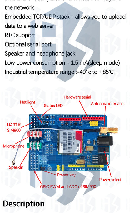 Kit Módulo GSM/GPRS SIM900 Quad-Band (850/900/1800/1900MHz) Placa Desarrollo Ultra Compacta con Antena SMA para Arduino