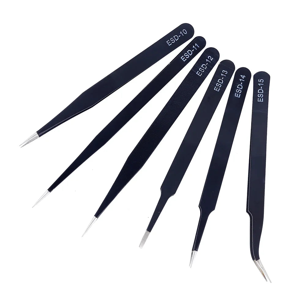 Set Pinzas Acero Inoxidable Anti-Estáticas ESD (Precisión Industrial Curva/Recta) Herramienta Mantenimiento/Reparación (6 Piezas)