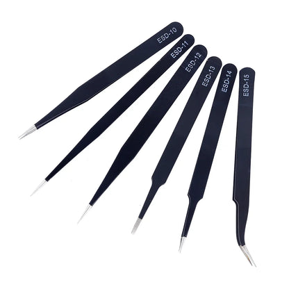 Set Pinzas Acero Inoxidable Anti-Estáticas ESD (Precisión Industrial Curva/Recta) Herramienta Mantenimiento/Reparación (6 Piezas)