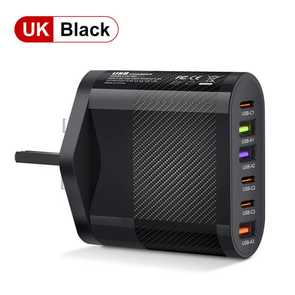 Cargador Pared USB C Múltiple 6 Puertos 65W Carga Rápida PD Adaptador Móvil para iPhone 14/15 Pro/Xiaomi/Samsung/Oneplus