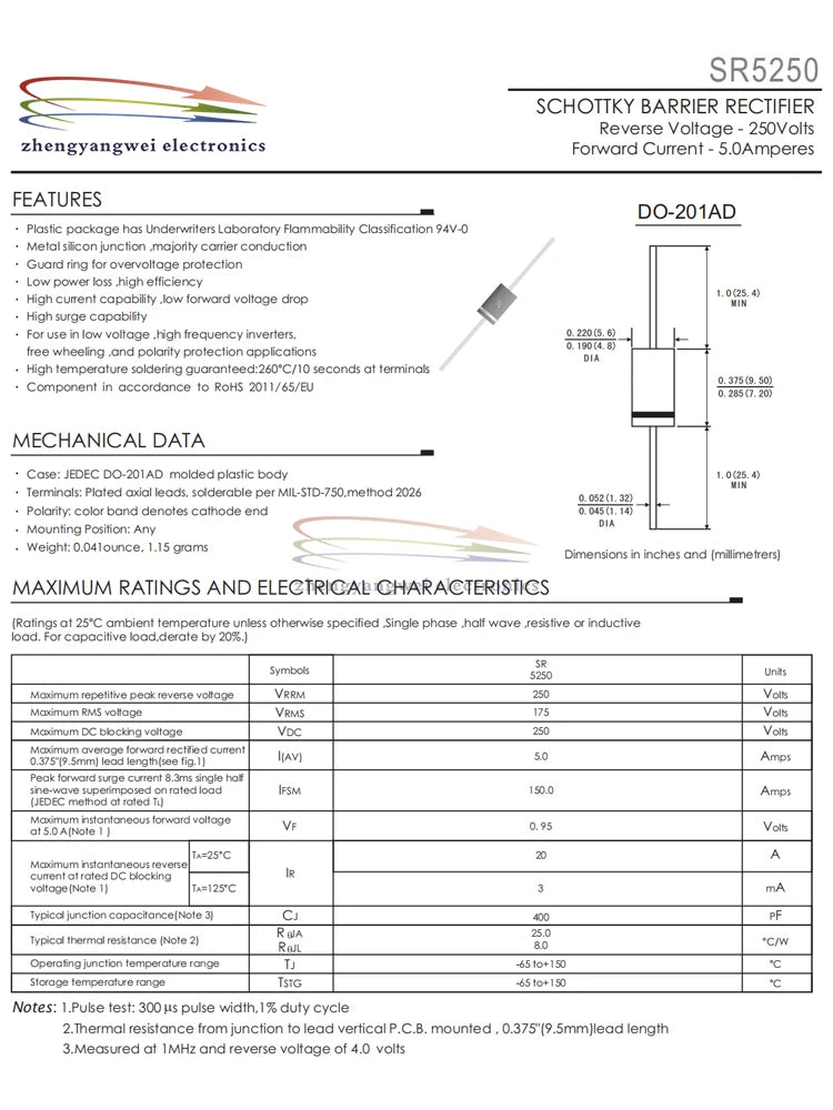 Diodo Schottky THT 5A DO-201AD - Varios Tipos (SB/SR5100-5250, MBR5250) - Lote 10 Piezas