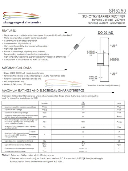 Diodo Schottky THT 5A DO-201AD - Varios Tipos (SB/SR5100-5250, MBR5250) - Lote 10 Piezas