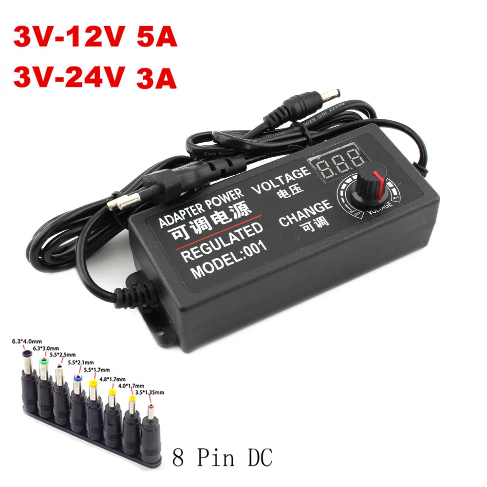 Fuente Alimentación AC a DC Ajustable (3V-24V, 3A/5A, 48W/60W/72W) Adaptador Universal 8 Pines DC