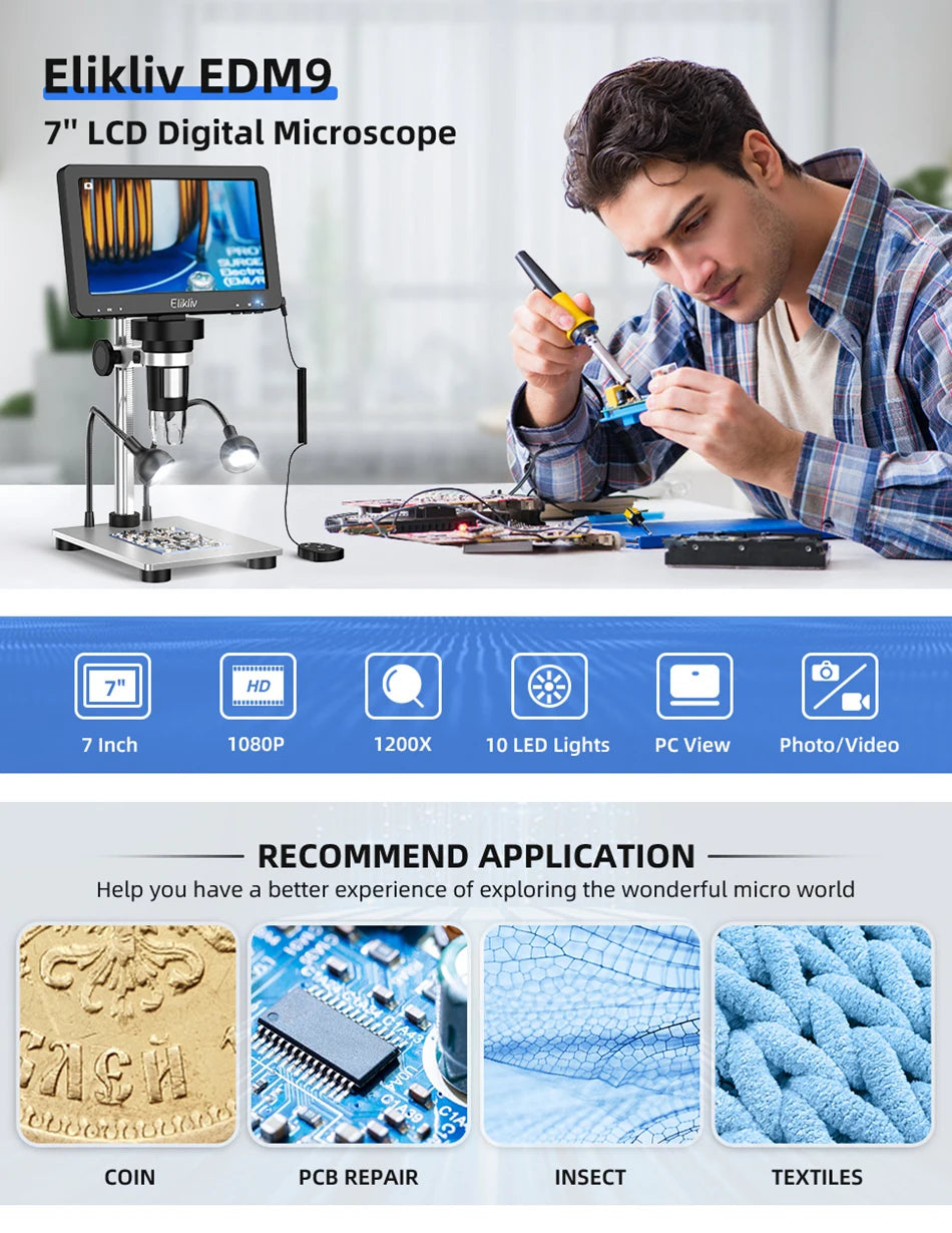 Elikliv DM9 7 Inch 50X-1200X Digital Microscope Adjustable HD LCD Video Microscops Camera For PCB Electronics Soldering Tool