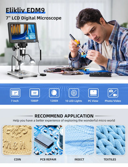 Elikliv DM9 7 Inch 50X-1200X Digital Microscope Adjustable HD LCD Video Microscops Camera For PCB Electronics Soldering Tool