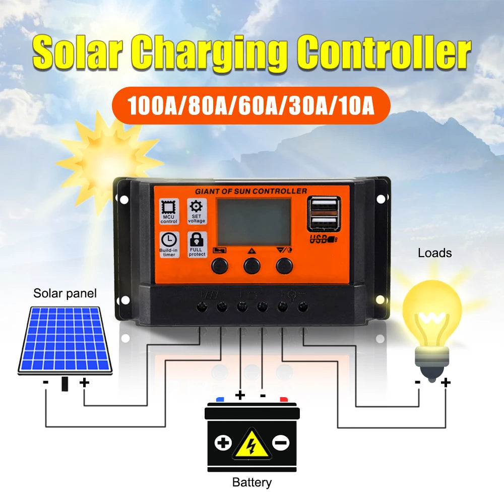 Controlador Carga Solar PWM 30A/60A/100A Auto Dual USB LCD Display 5V Regulador Batería Panel