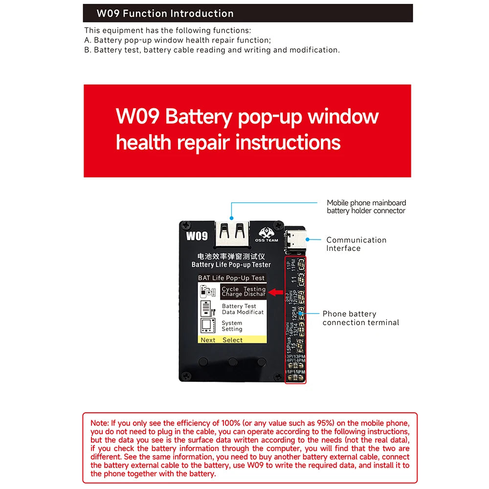 OSS W09 Pro V3 Battery Life Pop-up Tester for iPhone11-15PM Detection Modify Battery Efficiency 100% Cycle Health Data Tool