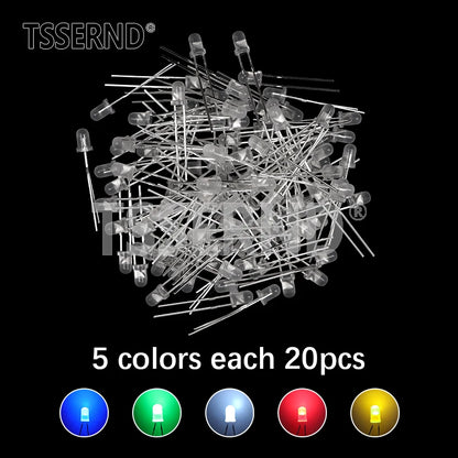 Kit Surtido Diodo LED F3 (3mm) Colores (Blanco/Verde/Rojo/Azul/Amarillo/Naranja/Rosa/Púrpura/Blanco Cálido) DIY (60/100 Piezas)
