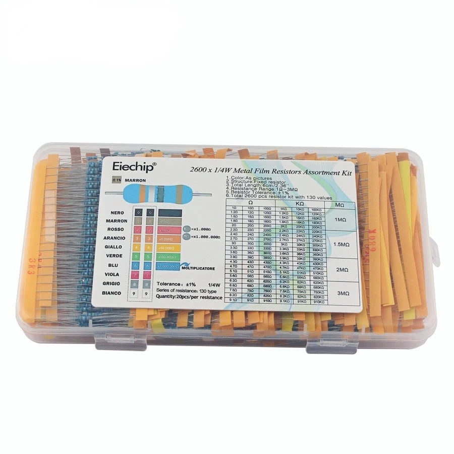 Kit Surtido Resistencias Película Metálica 1/4W 1% (1 Ohm - 10M Ohm) Caja DIY Electrónico (500/600/2600 Unidades)