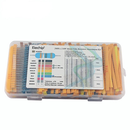 Kit Surtido Resistencias Película Metálica 1/4W 1% (1 Ohm - 10M Ohm) Caja DIY Electrónico (500/600/2600 Unidades)