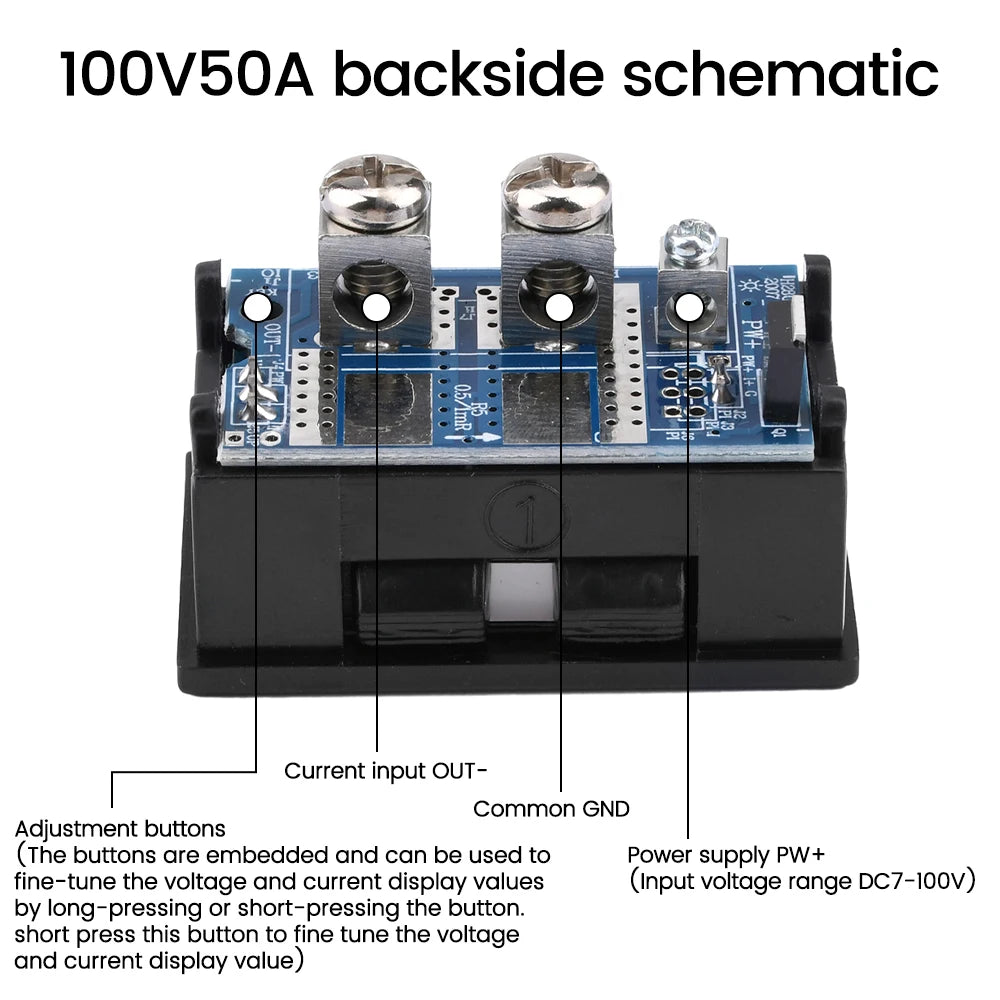 Voltímetro Amperímetro Digital DC (7-100V, 20A/50A Shunt Integrado) - Panel Display LED Dual 0.28"