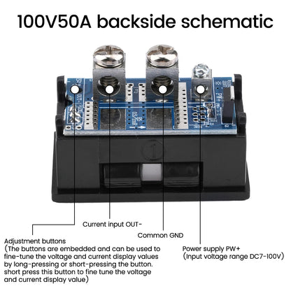 Voltímetro Amperímetro Digital DC (7-100V, 20A/50A Shunt Integrado) - Panel Display LED Dual 0.28"