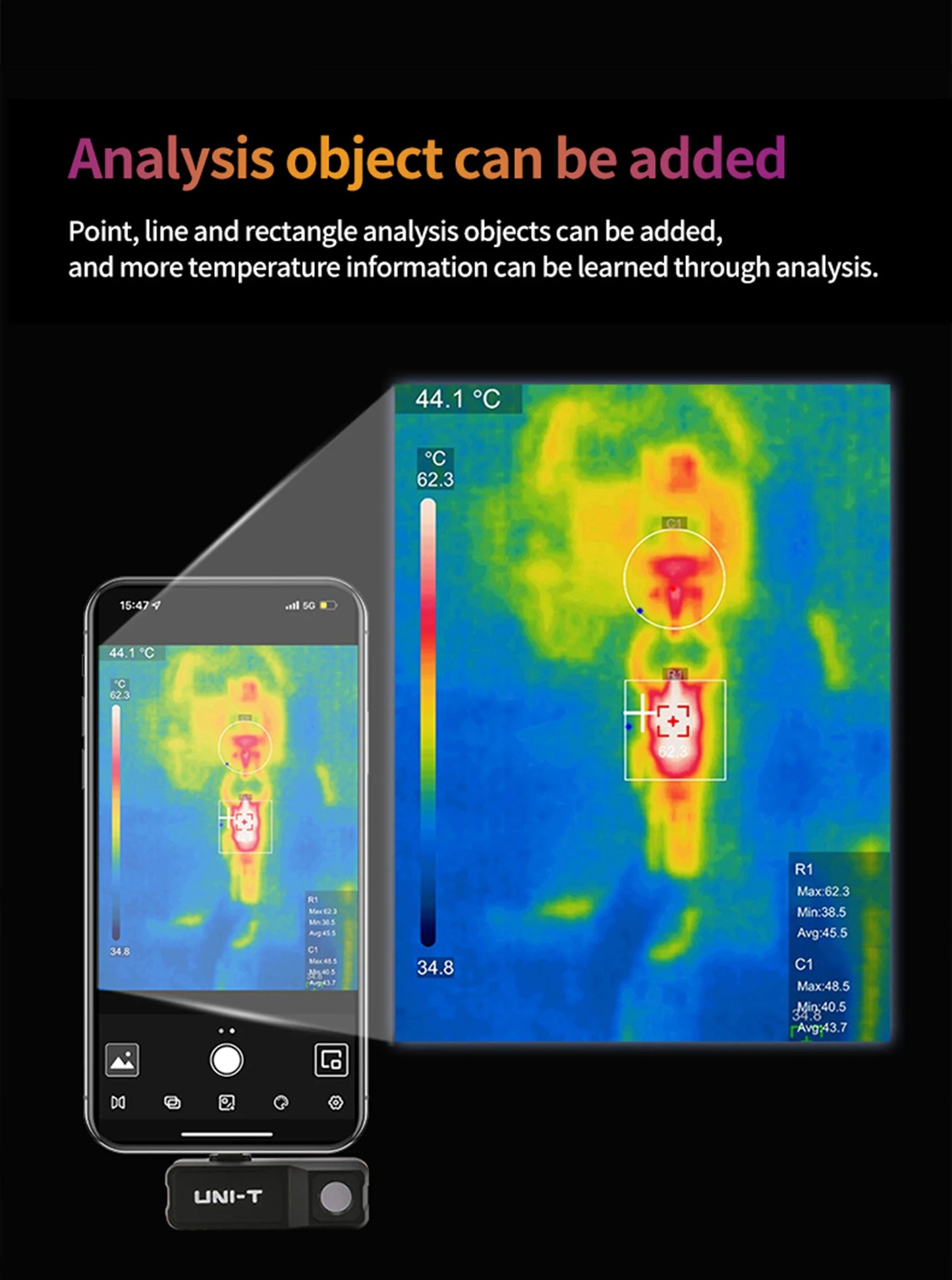 Termógrafo UNI-T UTi120MS para iPhone (iOS) - Cámara Térmica USB-C Detección PCB/Calefacción Suelo
