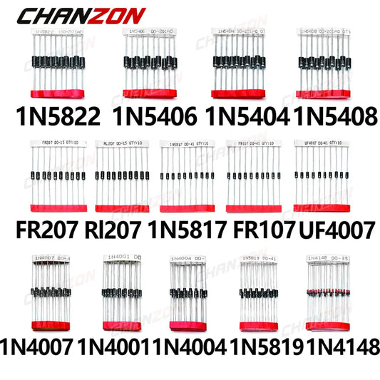 Kit Surtido Diodos THT (Rectificador/Schottky/Switching) - 14 Valores (1N400x, 1N58xx, FRxxx, etc.)