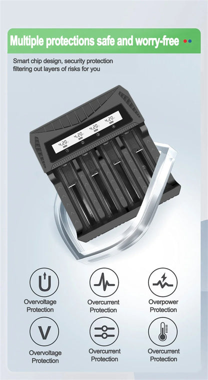 Cargador USB Inteligente Baterías LCD (1/2/4 Ranuras) para Litio Recargable 18650 (4.2V) / Ni-MH AA/AAA (1.2V)