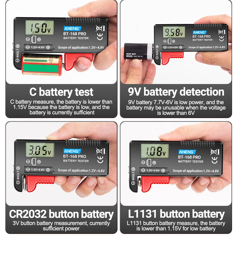 Probador Baterías Digital ANENG BT-168 PRO (Analizador Carga Capacidad) Universal para 9V/AAA/AA/Pila Botón