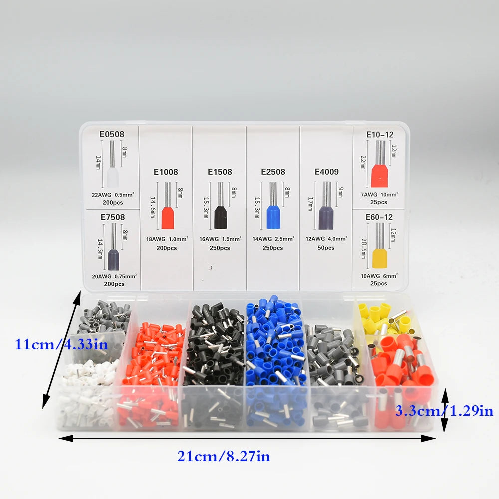 Kit Terminales Conectores Ferrules Cable Aislado AWG 22-7 (Punta Cordón) Surtido (1200/1900 Piezas)