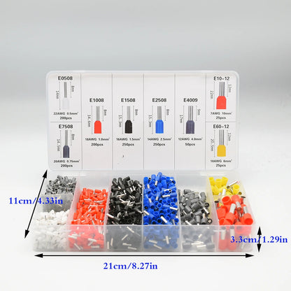 Kit Terminales Conectores Ferrules Cable Aislado AWG 22-7 (Punta Cordón) Surtido (1200/1900 Piezas)