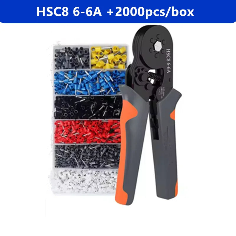 Kit Herramienta Crimpado Terminales Ferrules Hexagonal Autoajustable (23-10AWG, 0.25-6mm²) con 400-2000 Terminales Cable