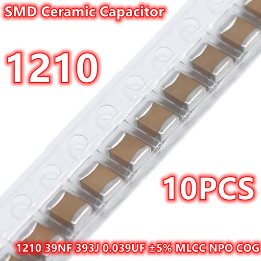 Capacitor Cerámico SMD 1210 (39nF 393J 0.039uF, 5%, NPO/COG) MLCC - Pack 10 Unidades