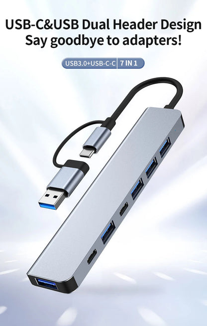 Hub Extensor USB-C a USB 3.0 Aluminio 7 en 1 (1x USB 3.0, 4x USB 2.0, 2x USB-C) Distribuidor USB