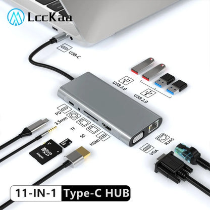 Hub USB-C Docking Station 11-en-1 Tipo-C a HDMI 4K, VGA, RJ45, PD 100W, USB para PC Accesorios Computador