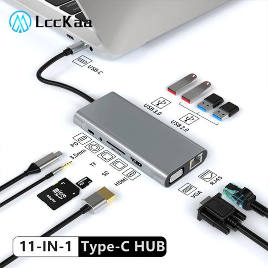 Hub USB-C Docking Station 11-en-1 Tipo-C a HDMI 4K, VGA, RJ45, PD 100W, USB para PC Accesorios Computador
