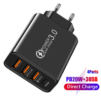 Cargador Rápido USB Tipo C 4 Puertos (QC 3.0, PD) Adaptador Corriente para Móvil iPhone/Samsung/Xiaomi (Negro)