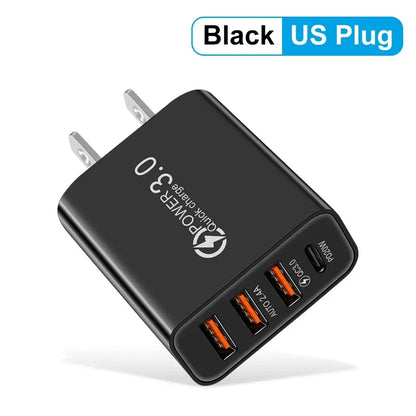 Cargador Pared Múltiple 4 Puertos USB (Total 60W) Carga Rápida PD Tipo C Adaptador Móvil para Xiaomi/iPhone 14/15/Samsung S24