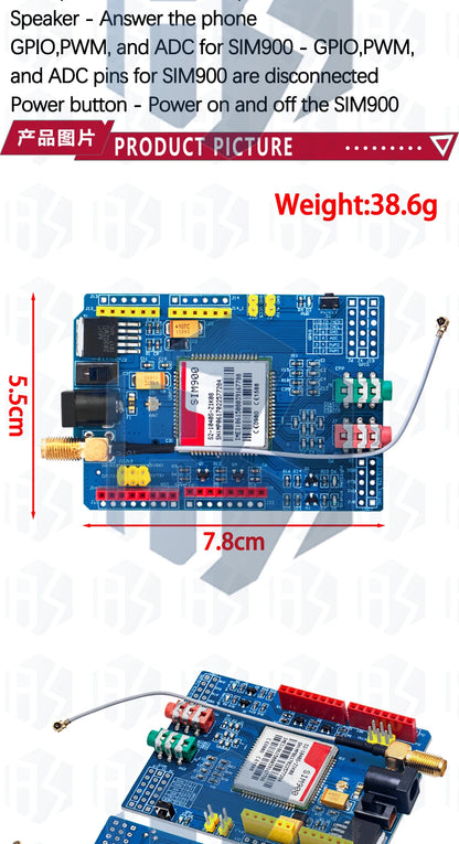 Kit Módulo GSM/GPRS SIM900 Quad-Band (850/900/1800/1900MHz) Placa Desarrollo Ultra Compacta con Antena SMA para Arduino
