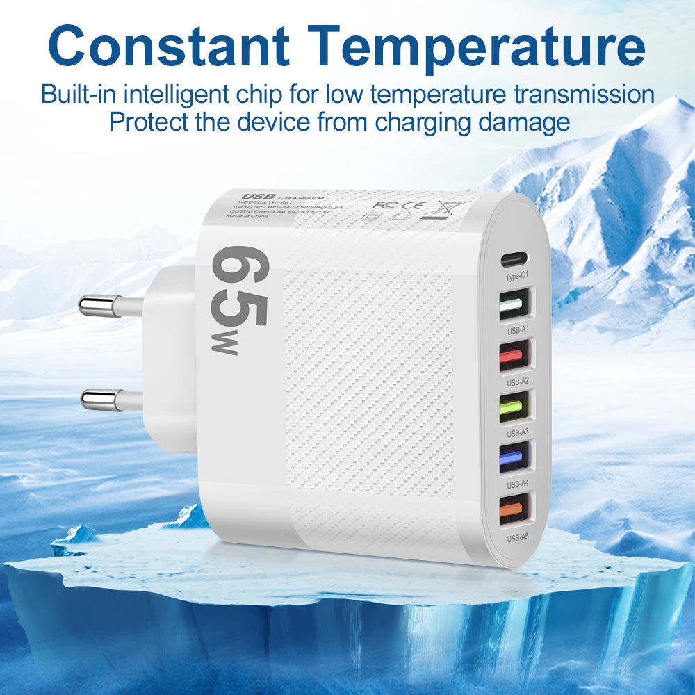 Cargador Pared USB Múltiple 6 Puertos 65W Carga Rápida Alta Velocidad (PD, QC 3.0) Adaptador Móvil para Huawei Mate 60/Xiaomi 13