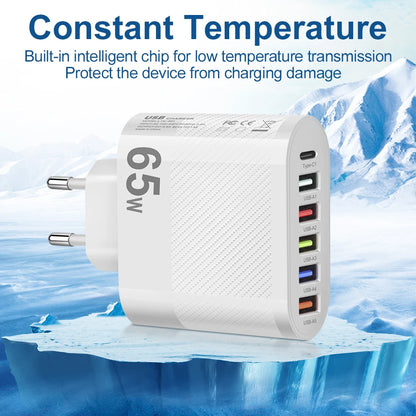 Cargador Pared USB Múltiple 6 Puertos 65W Carga Rápida Alta Velocidad (PD, QC 3.0) Adaptador Móvil para Huawei Mate 60/Xiaomi 13