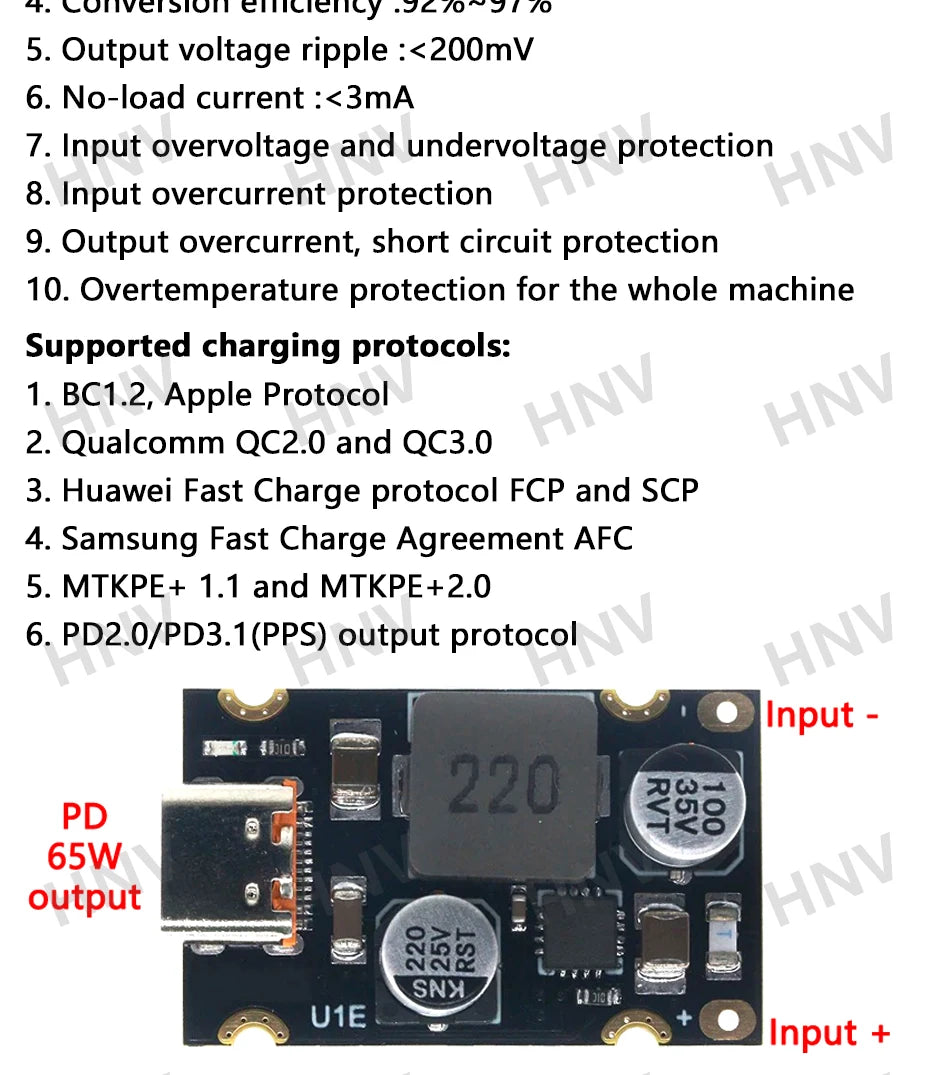 Módulo Carga Rápida PD 65W USB-C Soporta PD3.1/QC3.0/SCP/PPS 5V-20V