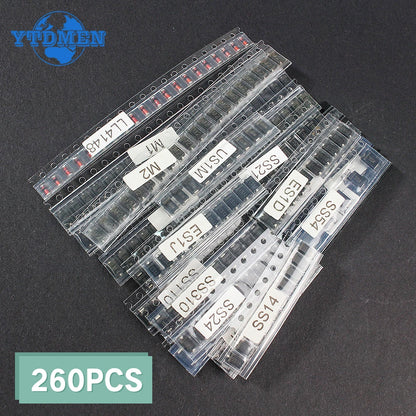 Kit Surtido Diodos Rectificadores SMD (Schottky/Switching) M1/M4/M7/SS14/SS24/RS1M/US1M/SS34/SS54/BAT54C/BAT54S/LL4148 (260 Piezas)