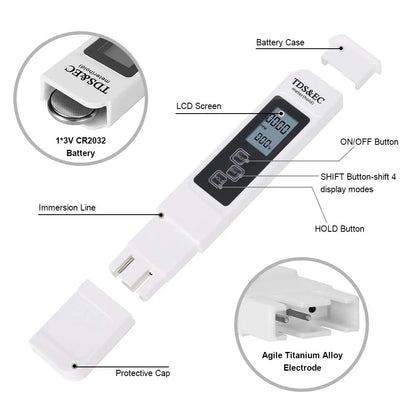 Medidor Digital Calidad Agua TDS/EC Multifuncional (Rango 0-9990 ppm) Pureza/Temperatura (1 Unidad, Blanco)