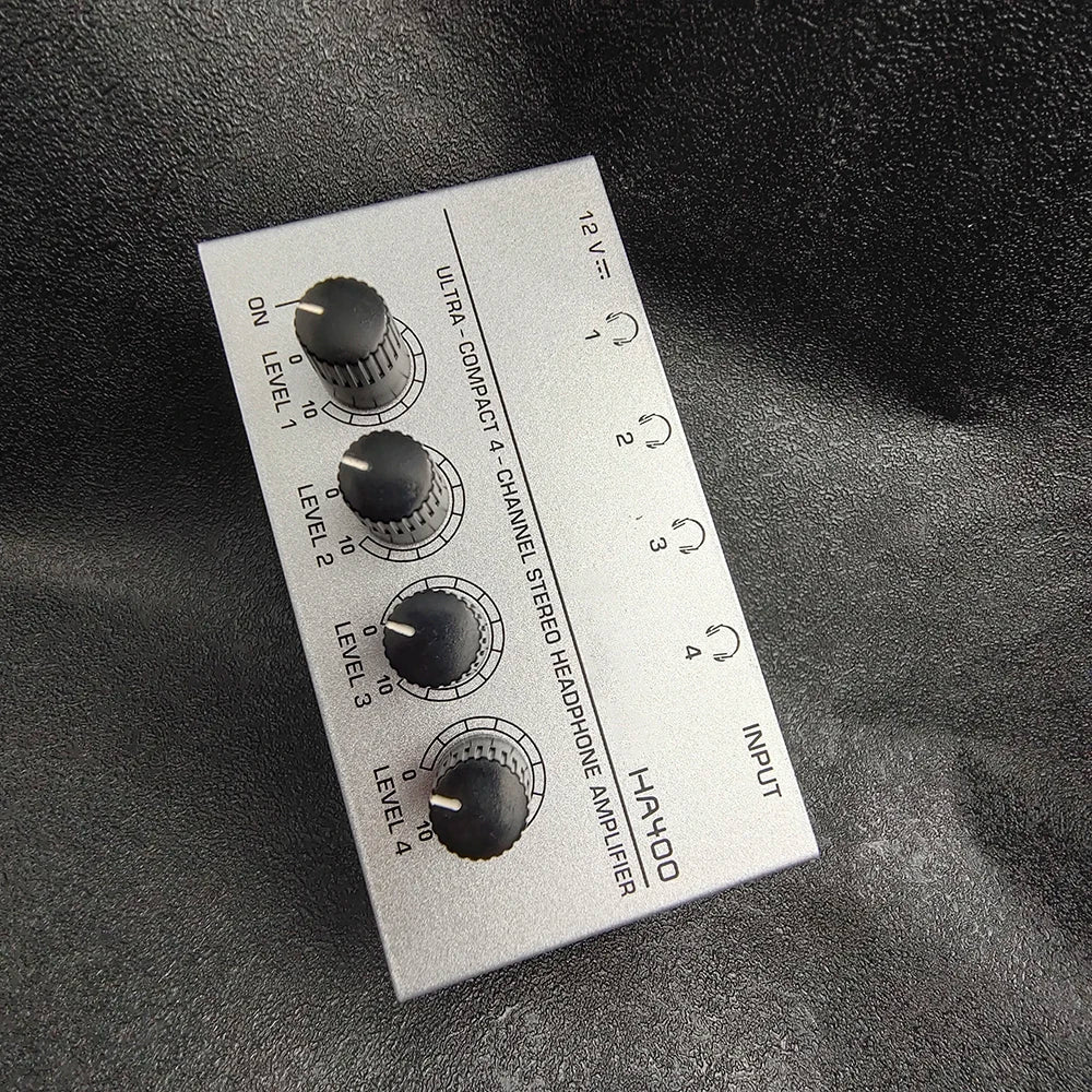 Mini Amplificador Audio Estéreo 4 Canales HA400 Ultra Compacto para Audífonos con Adaptador EU/US (Mezclador Música/Grabación)