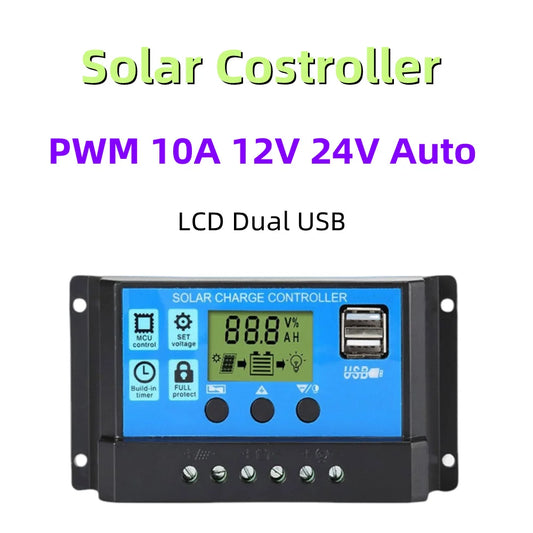 Controlador Carga Solar PWM 10A 12V/24V Control Luz/Tiempo Auto Dual USB LCD