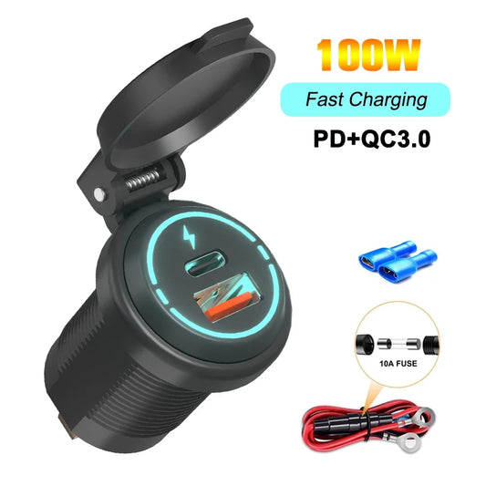Socket Cargador USB 100W Impermeable Carga Rápida PD Tipo-C + QC3.0 para Auto/Bote/RV/Moto 12V-24V