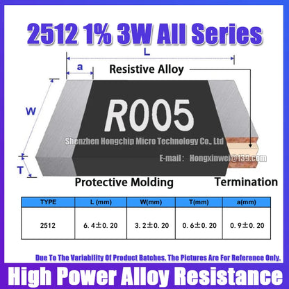 Resistencia Aleación SMD 2512 3W - Varios Valores Bajos (R001 a R300) 6.4x3.2mm - Lote 10 Piezas
