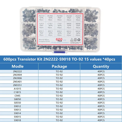 Kit Surtido Transistores BJT TO-92 NPN/PNP (A1015, BCxxx, S8xxx, 2Nxxxx) - 50-900 Piezas