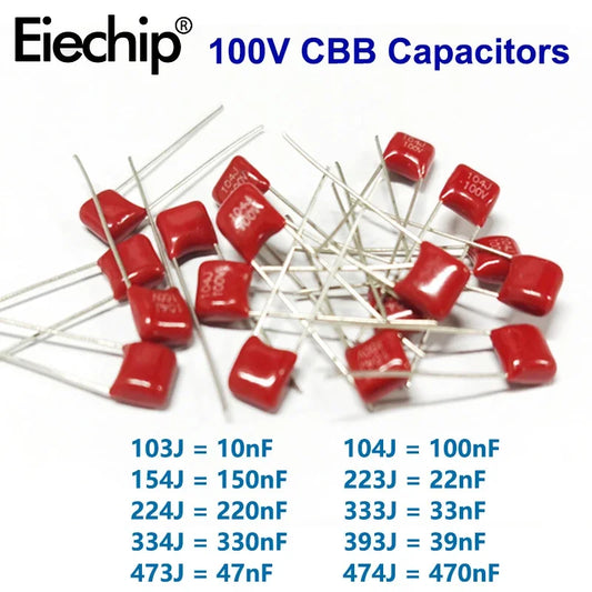 Capacitor Película Polipropileno CBB (10nF-560nF, 100V) - Pack 20 Unidades (Valores Surtidos)