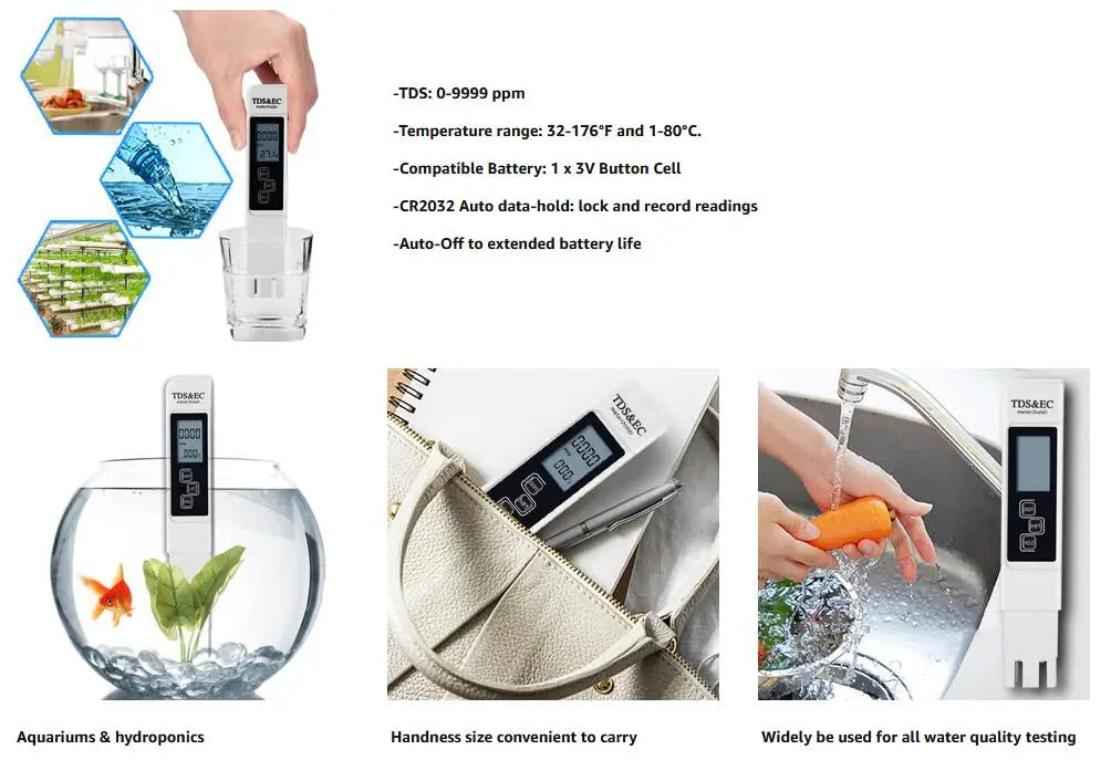 Medidor Digital TDS Agua Portátil Alta Precisión (Pantalla Grande) para Agua Purificada/Grifo Hogar (Blanco)