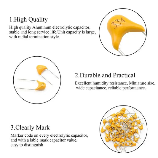 Capacitor Cerámico Multicapa (10pF-1uF, 50V, P=5.08mm) - Pack 100 Unidades (Valores Surtidos)