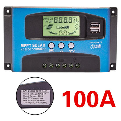 Controlador Carga Solar PWM 30A/60A/100A Auto Dual USB LCD Display 5V Regulador Batería Panel