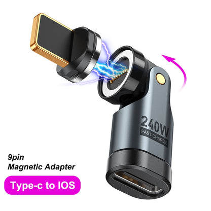 Adaptador Magnético OTG AUFU 9 Pines Tipo C Hembra a Tipo C/iOS/Micro Macho (PD 240W Carga Rápida) Convertidor para iPhone/Laptop