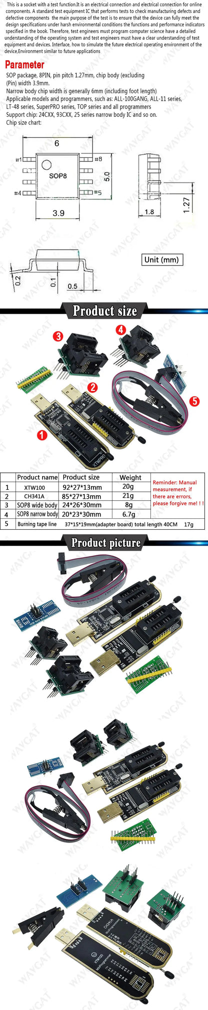 Kit Programador USB XTW100 (CH341B) 24/25 Series EEPROM Flash BIOS + Clip Test SOIC8/SOP8