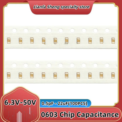 Capacitor Cerámico Multicapa Chip SMD 0603 (0.5pF-22uF, 6.3V-50V) - Pack 100 Unidades (Valores Surtidos)